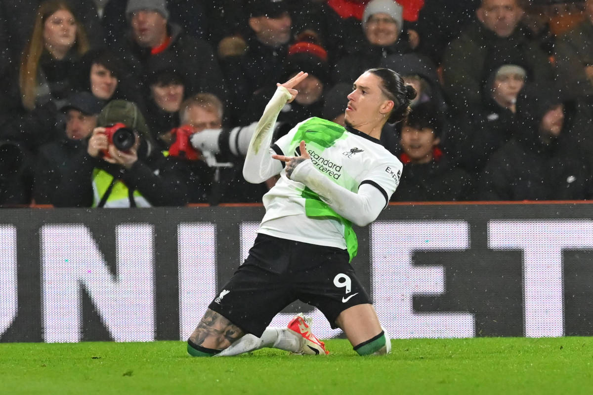Darwin Nunez pictured celebrating after scoring the 100th goal of his senior career during Liverpool's 4-0 win at Bournemouth in January 2024